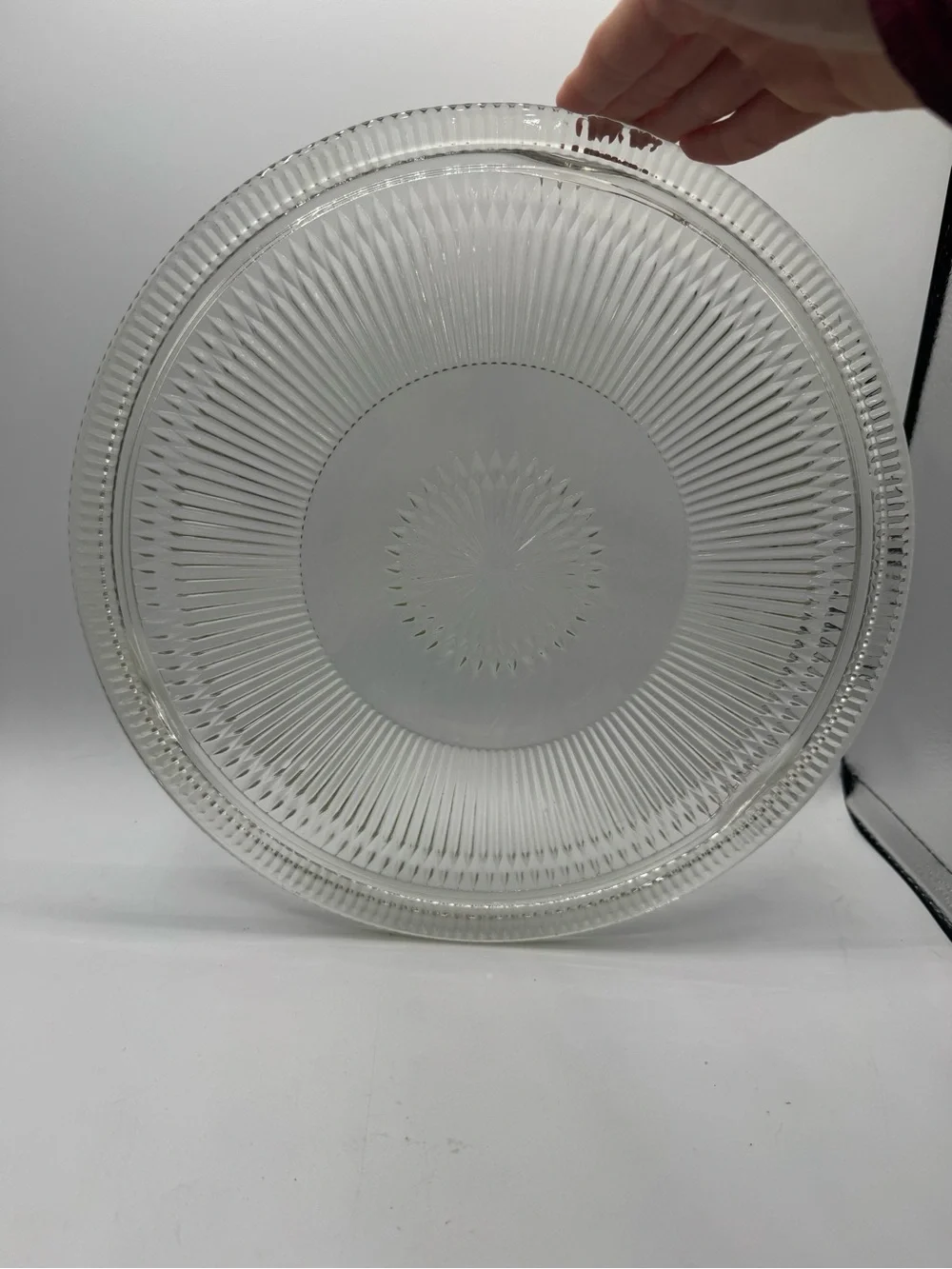 Vintage Jeanette Glass Anniversary Ribbed “Starburst” 12 1/2” Cake Plate Platter